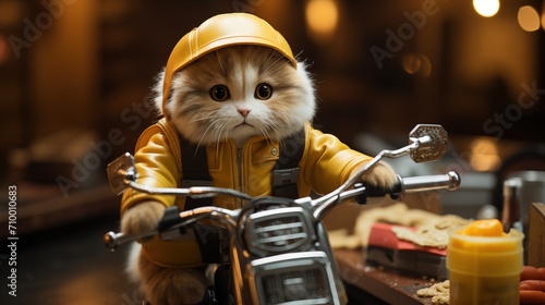Cute cat driving a motorbike delivery service in city, Pizza and food delivery, generative ai