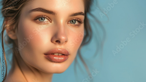 Beautiful young woman with fresh clean skin on blue background. Face care, cosmetology, beauty treatment and spa concept. 