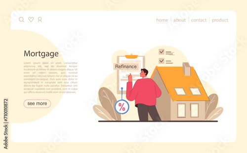 Refinance process web or landing. Loan rate reduction to lender agreements. Debt obligation with better interest rate. Housing loan, real estate mortgage. Flat vector illustration