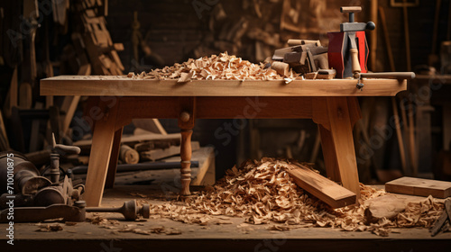Wood shavings and chisels on a workbench