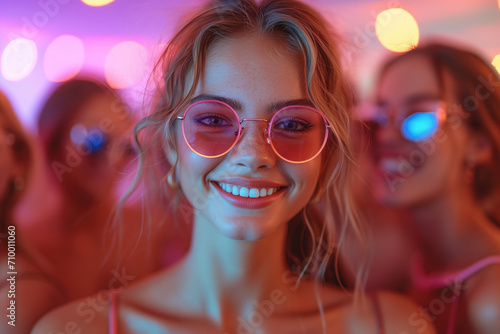 Happy young blonde woman dancing at a nightclub party, disco girl having fun at a music festival