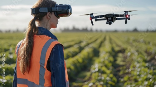 A woman with a safety vest an VR Glasses controls a big agricultural drone with remote control working over a plantation, Sunny day. Generative AI.