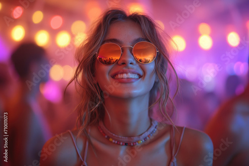 Happy young blonde woman dancing at a nightclub party, disco girl having fun at a music festival