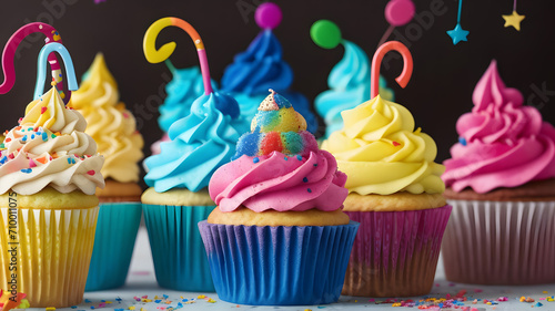 Cake  cupcake with colorful candle and beautiful birthday decoration