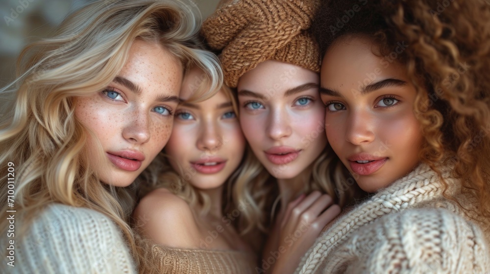 Beautiful four multicultural girls in beige sweaters and hats looking at camera. Beautiful four multicultural girls in beige sweaters and hats looking at camera.