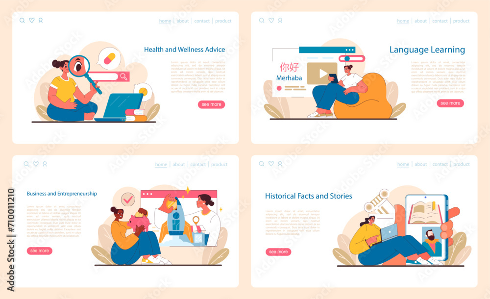 Interactive Learning set. Delving into wellness, mastering languages, fostering business skills, and uncovering history. Digital enlightenment through visual stories. Flat vector illustration. Interactive Learning set. Delving into wellness, mastering languages, fostering business skills, and uncovering history. Digital enlightenment through visual stories. Flat vector illustration.
