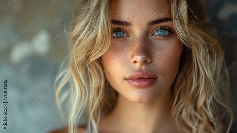 Fototapeta premium Close up portrait of a beautiful young woman with blond hair and blue eyes