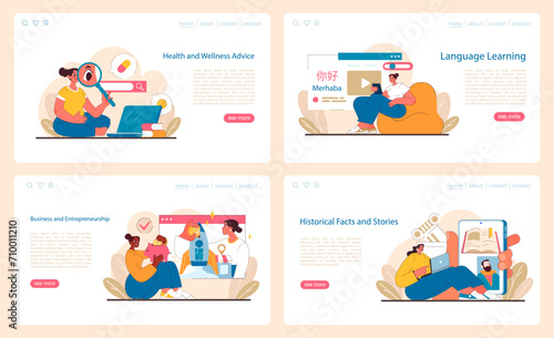 Interactive Learning set. Delving into wellness, mastering languages, fostering business skills, and uncovering history. Digital enlightenment through visual stories. Flat vector illustration.