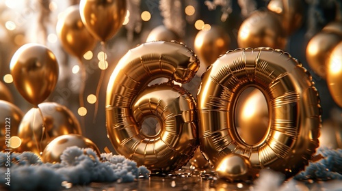 Text "60 " shaped with golden balloons, Party favors, Party atmosphere. Generative AI.