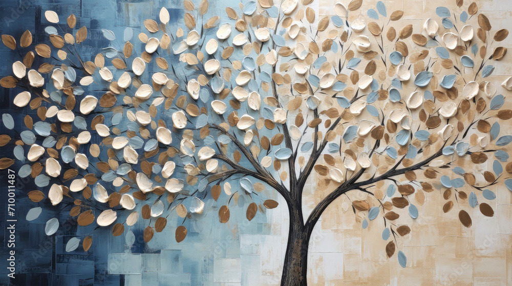 custom made wallpaper toronto digitalCloseup of abstract rough white, bronze, blue beige art painting as tree with leaves, with oil brushstroke, pallet knife painting, texture