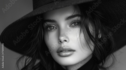 Portrait of beautiful young woman in hat. Black and white.