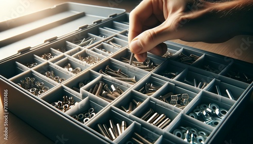 Close-Up of Hands Selecting Tools from a Compartmentalized Hardware Organizer photo