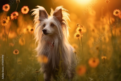 Chinese crested dog sitting in meadow field surrounded by vibrant wildflowers and grass on sunny day ai generated photo