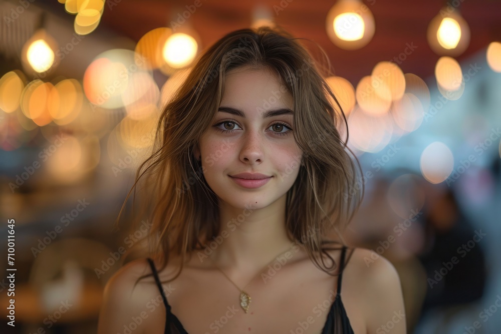 Medium shot portrait, attractive French girl, first date night