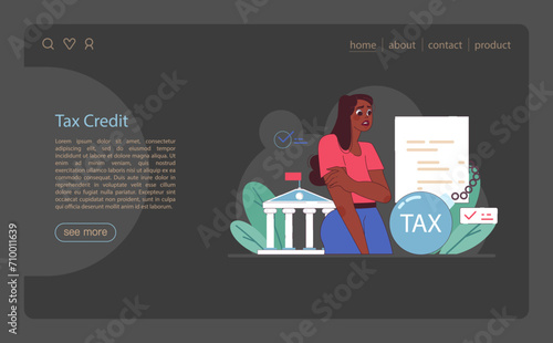 Tax credit web banner or landing page dark or night mode. Financial efficiency, budgeting and economy idea. Taxes refund with debt. Flat vector illustration