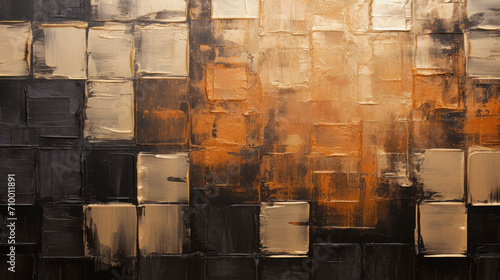 Closeup of abstract rough black, brown, bronze, golden, orange art painting in squares, with oil brushstroke, pallet knife painting, texture