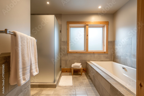 A cozy bathroom interior with a large bathtub  heated floors  a wooden-framed window  and a combination of stone and tile finishes.