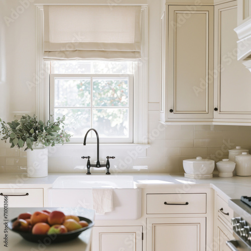 A bright and airy kitchen interior featuring white cabinetry, a farmhouse sink with a black faucet, and a window with a roman shade overlooking foliage.