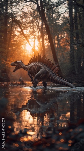An artist's depiction of a Spinosaurus wading through a shallow river in a forest at sunrise, with the light casting a warm glow over the water and the dinosaur's textured skin. © Ярослава Малашкевич