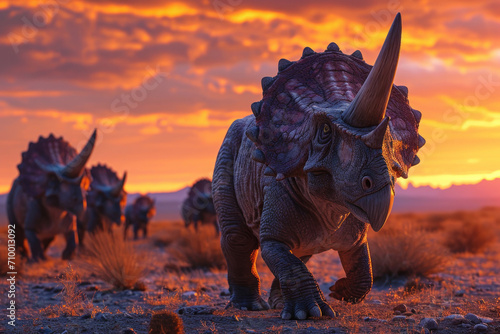 A herd of Protoceratops, depicted in a lifelike illustration, moves through a desert landscape under a dramatic orange sky at sunset, bringing a prehistoric scene to life.
