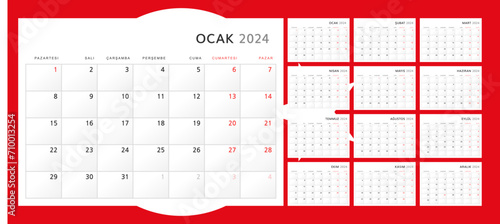 Calendar 2024 in Turkish. Wall quarterly calendar for 2024 in classic minimalist style. Week starts on Monday. Set of 12 months. Corporate Planner Template. A4 format horizontal. Vector graphics photo