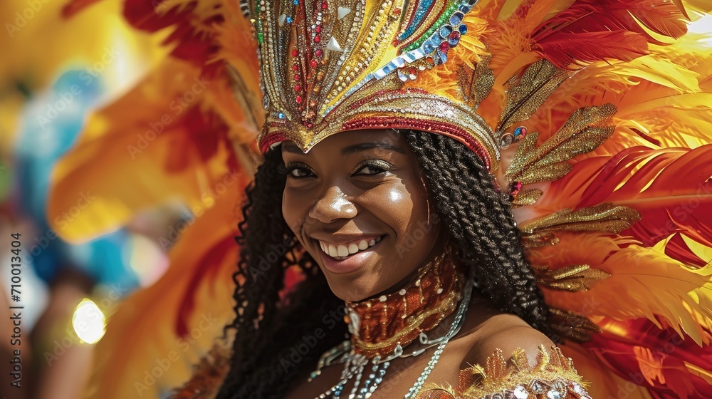 Beautiful dancer in costume at Carnival of Rio de Janeiro. Generative AI.