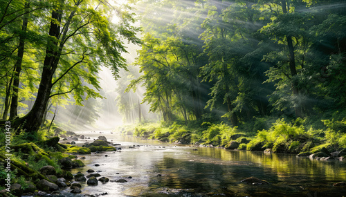 Tranquil Morning Landscape Foggy Forest Reflections in Misty River