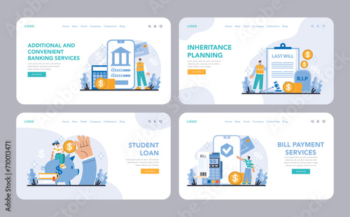 Additional and convenient banking services web or landing page set. Tailored solutions for bill payments, student loans, inheritance planning, and more. Enhancing financial convenience and security.