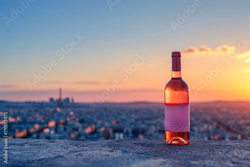 A bottle of wine in flowers, against the background of the Eiffel Tower in pastel colors, a romantic story. With a place for the text. Promotional photo.