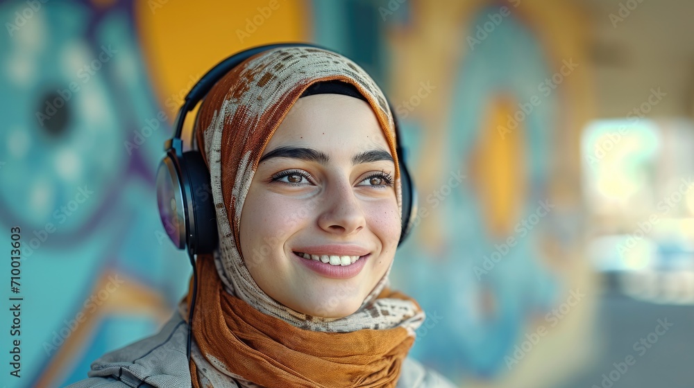 Portrait of a happy hijab girl smiling while listening to music through her headphones. Generative AI. Portrait of a happy hijab girl smiling while listening to music through her headphones. Generative AI.