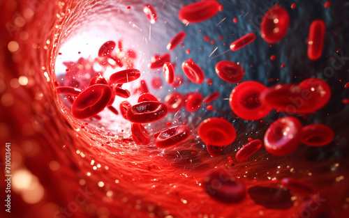 3D render of red blood cells flowing in vessel. Medical health care concept with blood containing red blood cells and haemoglobin.