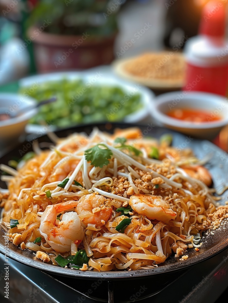 A pad Thai dish in Bangkok street food. Generative AI. A pad Thai dish in Bangkok street food. Generative AI.
