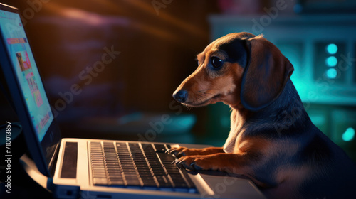 Dachshund dog with laptop