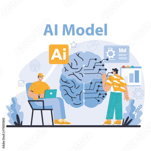AI Model concept. Illustration of machine learning innovation with human interaction, depicting the brain's neural network and data analytics. Flat vector illustration.