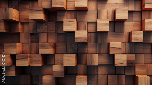 Abstract geometric brown wooden 3d texture wall  with squares and cubes as background  textured wallpaper