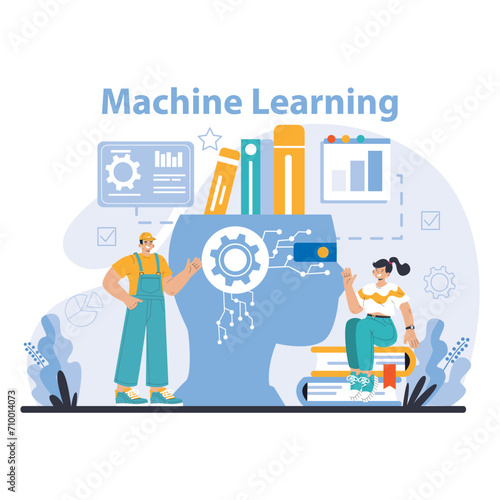 AI Model concept. Interactive depiction of the machine learning process with human elements, showcasing collaboration and technology. Flat vector illustration.