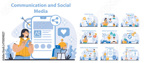 Communication and Social Media set. Diverse internet services and digital interaction. Engaging in online communities, sharing information. Flat vector illustration.