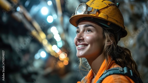 Smiling woman worker underground mining. Generative AI. photo