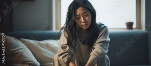 Stressed Chinese woman, in casual clothes, siting sadly on bed at home, feeling upset by personal issues and loneliness.