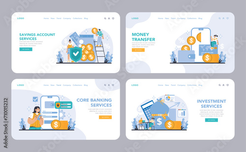 Core Banking Services web or landing page set. Showcasing essential banking operations from savings and transfers to investments. Digital finance made effortless. Flat vector illustration.