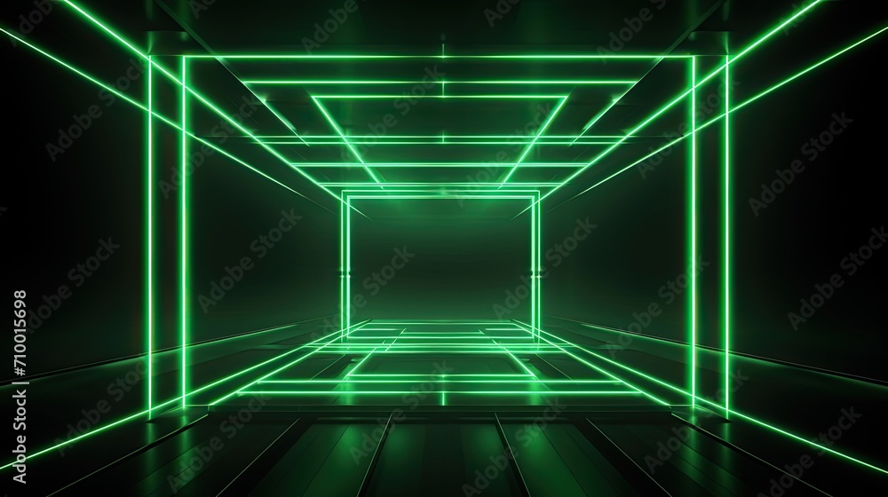 Abstract neon light geometric background. Glowing neon lines. Empty futuristic stage laser. Green rectangular laser lines. Square tunnel. Night club empty room. Abstract neon light geometric background. Glowing neon lines. Empty futuristic stage laser. Green rectangular laser lines. Square tunnel. Night club empty room.