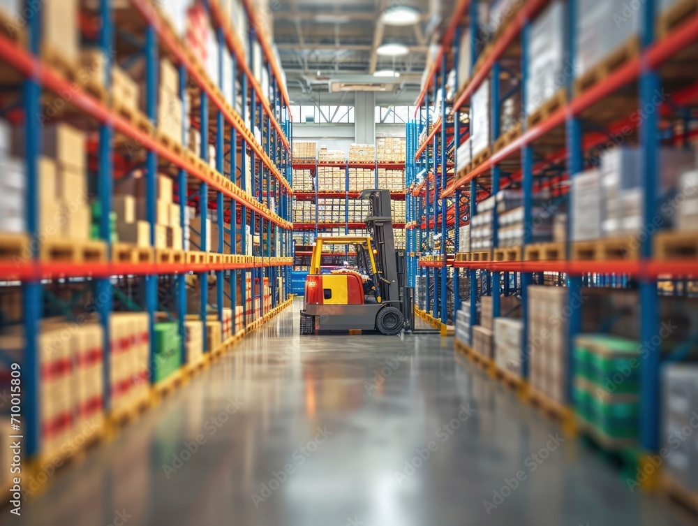 Retail warehouse full of shelves with goods in cartons, with pallets and forklifts. Logistics and transportation blurred background