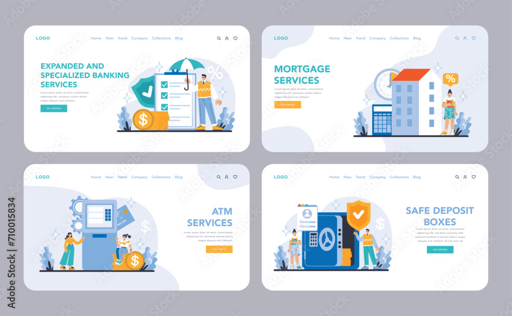 Expanded and specialized banking services web or landing page set. Showcasing a range of banking facilities including personalized financial planning, ATM access, and secure deposit options. Expanded and specialized banking services web or landing page set. Showcasing a range of banking facilities including personalized financial planning, ATM access, and secure deposit options.