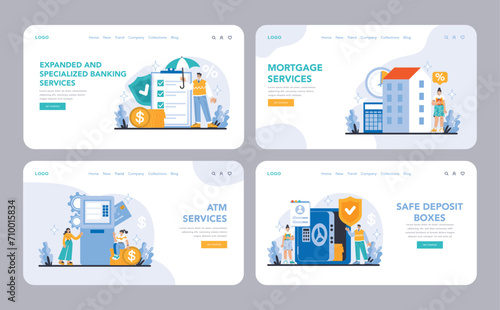 Expanded and specialized banking services web or landing page set. Showcasing a range of banking facilities including personalized financial planning, ATM access, and secure deposit options.