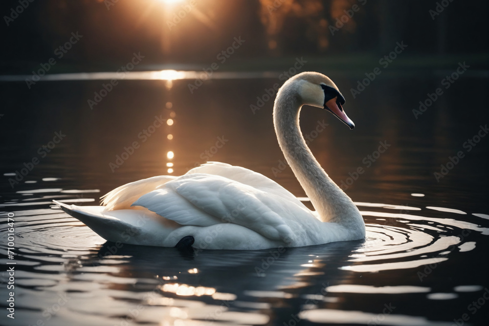 Fototapeta premium Swan on water, cinematic light