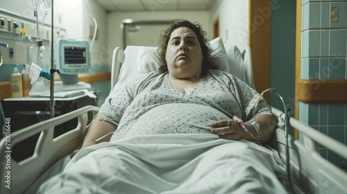 A very fat girl on bed in hospital. Generative AI.