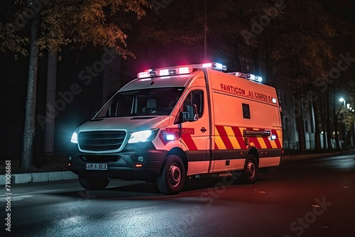 Emergency Ambulance with Flashing Lights on Night City Street