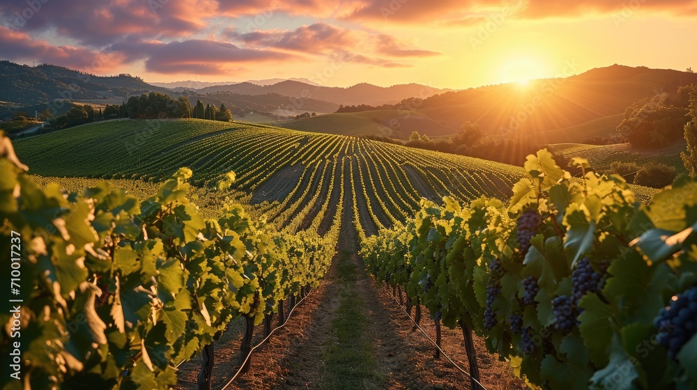 A panoramic view of a lush vineyard at sunset. Generative AI. - obrazy, fototapety, plakaty 