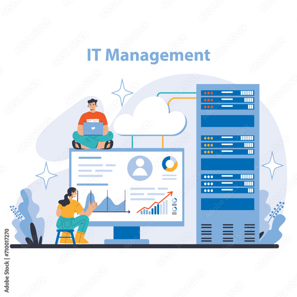 Operational processes and technologies concept. Efficient network systems and cloud computing in modern business. Data analysis and infrastructure security. Flat vector illustration. - obrazy, fototapety, plakaty 