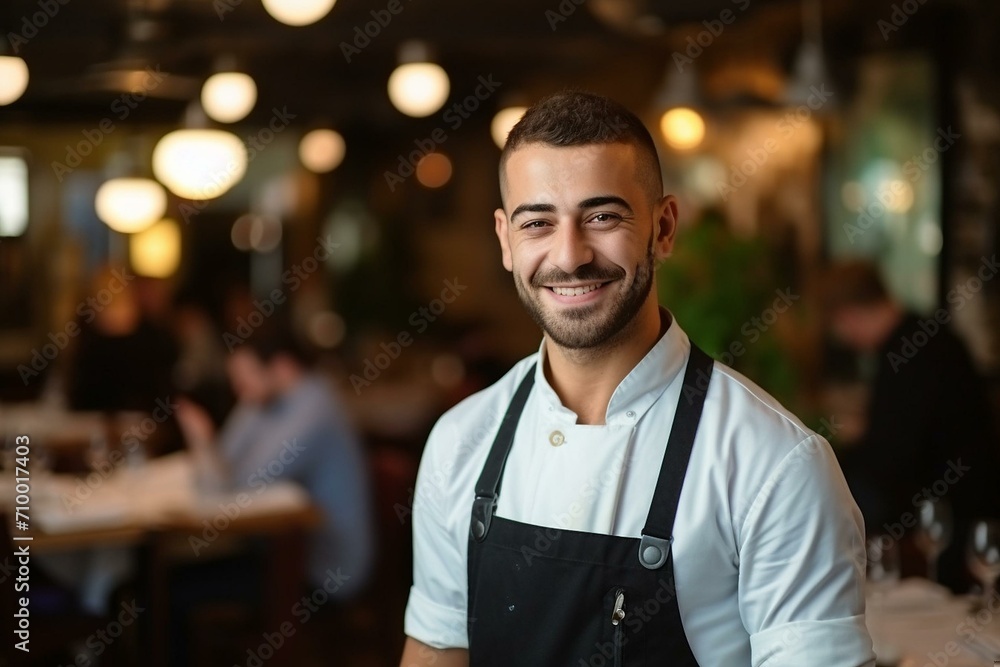 Fototapeta premium Friendly Chef in Bustling Restaurant Atmosphere